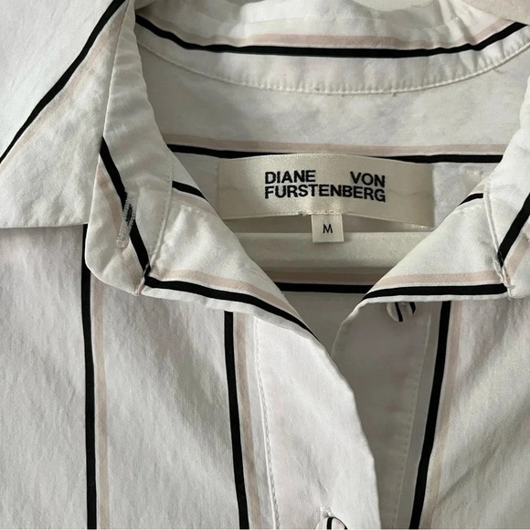 Diane Von Furstenberg Desiree White Black Beige Striped Collared Shirt S… - Picture 4 of 6